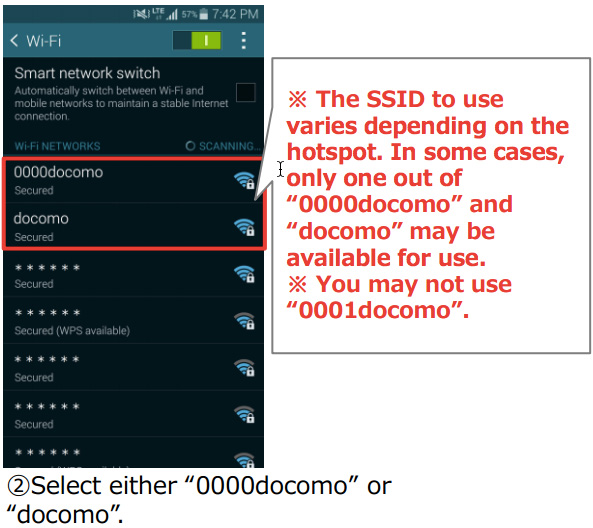 Connect using Docomo or 0000Docomo Hotspot